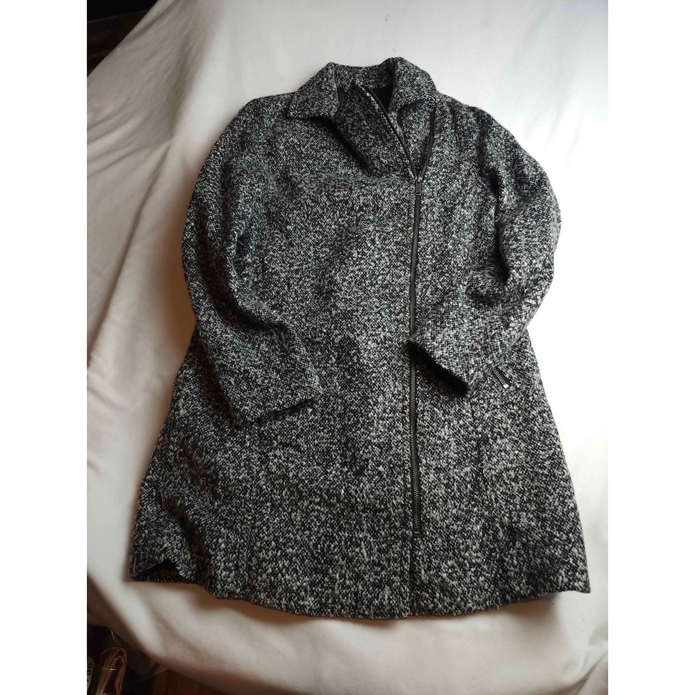 Old Navy Novelty Long Coat Womens Medium Black Marled Tweed Wool Blend Full Zip